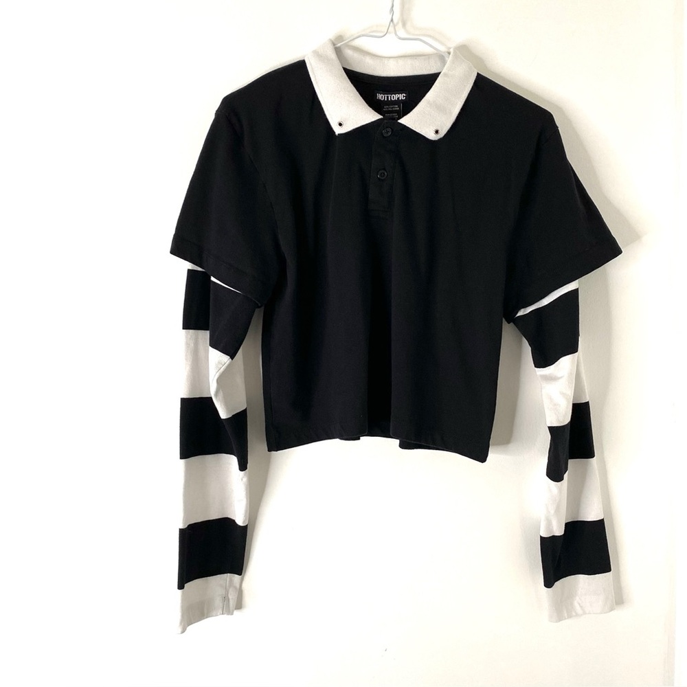 Hot Topic Black White Layered Long Sleeve Polo Tee Goth Wednesday Aesthetic